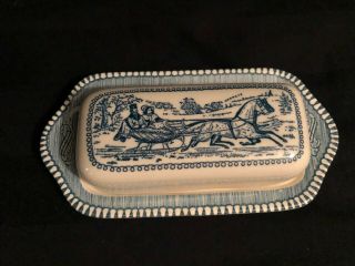 Vintage Currier And & Ives Covered Butter Dish Blue Cream Color 8 " L