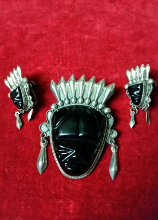 Vintage Mexican Sterling Black Onyx Tribal Face Carved Brooch Earrings