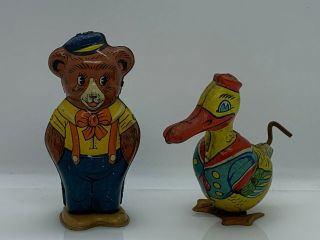 Vintage J Chein & Co Tin Bear & Duck Wind Up Toys Estate Find