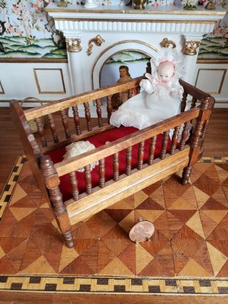 Dollhouse Miniatures Bedroom Furniture Bed Roc Brand & Porcelain Baby Doll 1:12