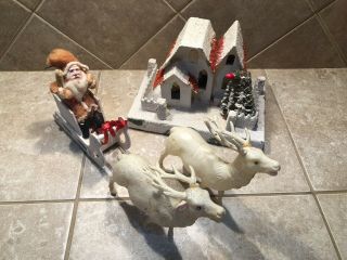 Vintage 1930’s Santa In Sleigh W/ Celluloid Reindeer And Church
