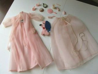 Vintage Barbie Doll Nighty Negligee 965 Pink Night Gown Robe Dog Heels Comb