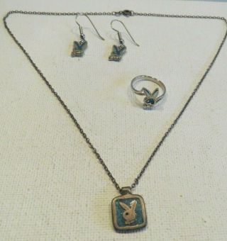 Vintage Playboy Sterling Silver Turquoise Necklace,  Earring & Ring Set