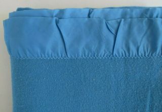 Vintage Twin Sears 100 Virgin Wool Blanket w Satin Trim Ocean Blue 76 