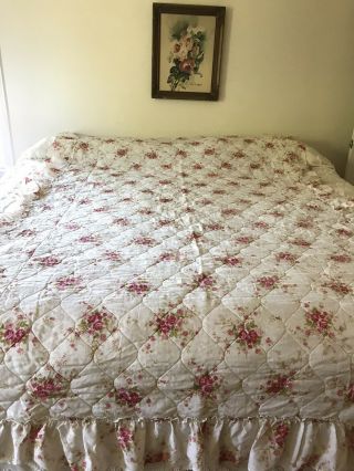 Vintage Twin Bed Cover Spread Pink Roses Flowers With Ruffle Sides