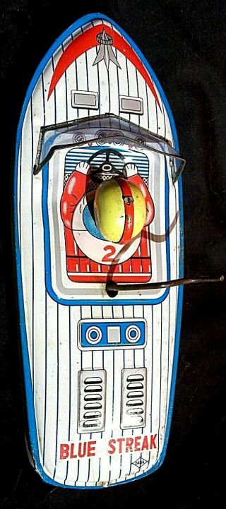 Tin Friction Speed Boat Toy Vintage Daiya " Blue Streak No.  258 " Rare Japan 9 " Long