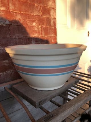 Vintage Mccoy Oven Ware Usa 12 Large Mixing Bowl Yellow Ware Blue/pink Stripes