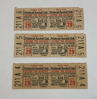 Vintage Pittsburgh Pirates Forbes Field Tickets August 29,  1962