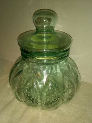 Vtg Green Glass Pumpkin 10” Apothecary Cookie Jar W/lid Made In Italy
