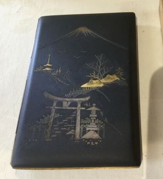 Vintage Japanese Iron Gold Silver Damascene Cigarette Case Mount Fuji