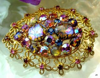 Vintage Dragons Breath Glass Pink Purple Ab Rhinestone Filigree Domed Pin Brooch