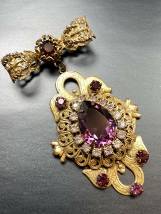 Vintage Antique Victorian Brooch Pin 3” Dangle Amethyst Crystal Rhinestones Lot1