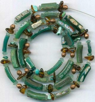 Roman Ancient Green Pattern Glass Beads Encrusted Tubes Disks Amber Copper 26 "