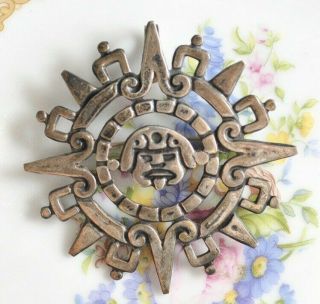 Vintage Sterling Silver Taxco Mexico Cutout Aztec Sun Face Brooch Pin Pendant