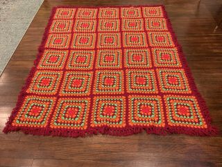 Vtg Handmade Crochet Throw Blanket Afghan Bright 70’s Retro Colors 62”x 76”