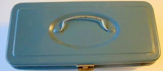 Vintage Small Bluish Green Metal Tool Box Inside & Outside 11¼ X 5 X 3¾
