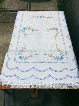 Vintage Chenille Bedspread 88 X 102 Inches Fringed Rounded Edges Cabin Craft