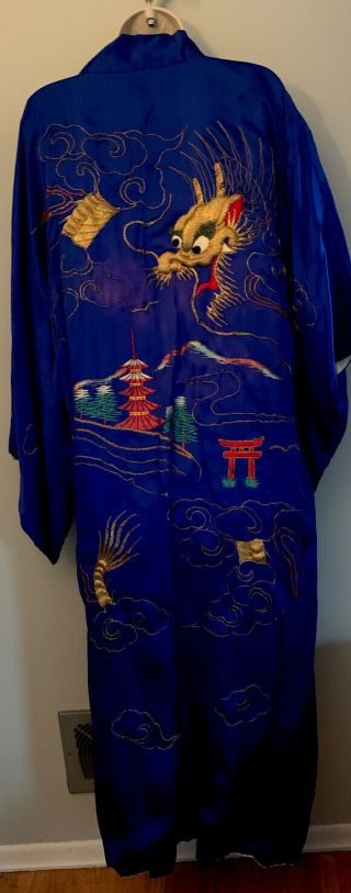 70s Vtg Chinese Blue Silk Blend ? Robe Kimono Embroidered Gold Dragon Sz Small