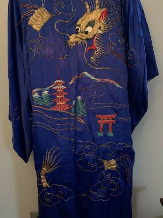70s Vtg Chinese Blue Silk Blend ? Robe Kimono Embroidered Gold Dragon Sz Small 2