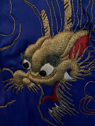 70s Vtg Chinese Blue Silk Blend ? Robe Kimono Embroidered Gold Dragon Sz Small 3
