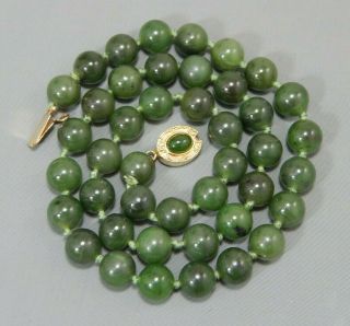 Vintage Chinese Export Hand Knotted Mottled Green Jadeite Jade Bead Necklace 18 "