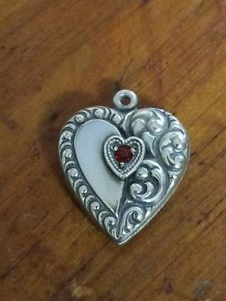 Vtg Sterling Silver Repousse Puffy Heart Charm Red Faceted Stone