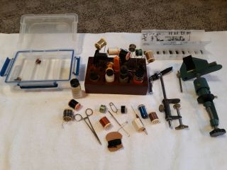 Vintage Fly Tying Equiptment Thread Spools Hooks Vice Exc