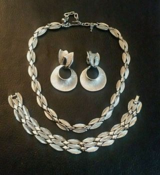 Vtg Crown Trifari Necklace Bracelet Set Silver Plated Collar,  80s Earrings 350