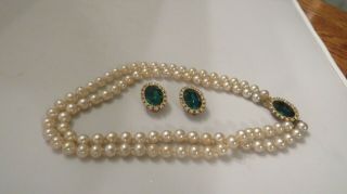 Necklace Earrings Set Vintage Tara Gone With The Wind Jewelry Faux Pearls Green