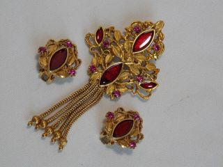 Vintage Victorian Revival Pin And Earrings Set Red Faux Stones Pink Rhinestones