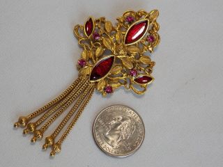 Vintage Victorian Revival Pin and Earrings Set Red Faux Stones Pink Rhinestones 2