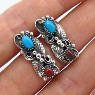 Vintage Old Pawn Sterling Silver Coral & Turquoise Gem Handmade Tribal Earrings