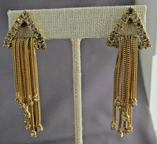3d Vintage Alice Caviness Gold Tone Triangle Rhinestone Fringe Dangle Earrings