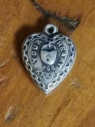 Vtg Sterling Silver Repousse Puffy Heart Lock Charm " Your Heart For Keeps "