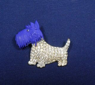 Vintage Coro Scotty Dog Brooch With Rhinestones And Carved Bakelite Head