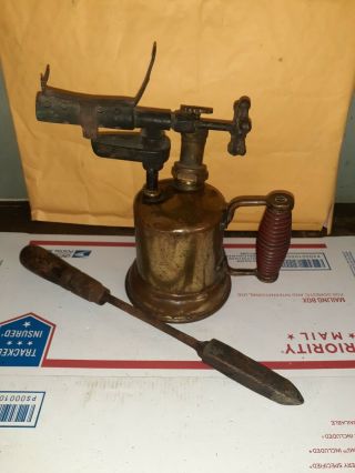 Vintage Brass Blow Torch Otto Bernz Co Rochester Ny Red Wooden Handle