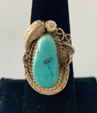 Vintage Navajo Sterling Silver Turquoise Flower Feather Ring,  Size 7