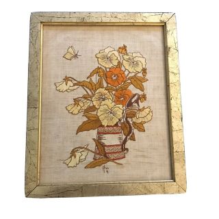 Vintage Completed Framed Crewel Embroidery Picture Bouquet Of Flowers 11x9