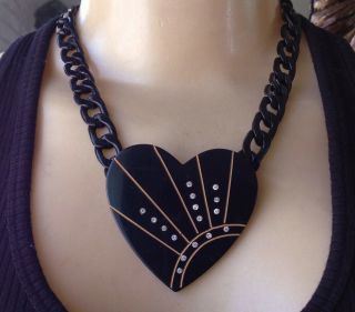 Vintage Necklace Art Deco Black Heart Rhinestone Pendant Enamel Metal Chain