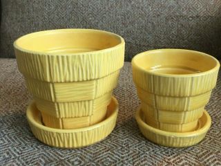 Vintage Mccoy Basketweave Flower Pots With Attached Saucer,  3 1/8 " And 4 "
