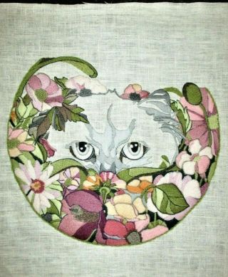 Elegant Garden Cat Vintage Floral Round Finished Kit Completed Crewel Embroidery