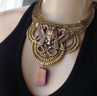 King Tut Vintage Necklace Huge Egyptian Pharaoh Pendant W/ Titanium Quartz