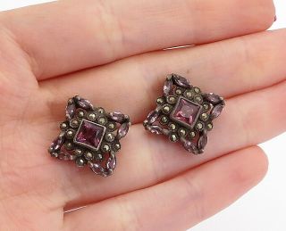 925 Sterling Silver - Vintage Amethyst & Marcasite Square Drop Earrings - E8825
