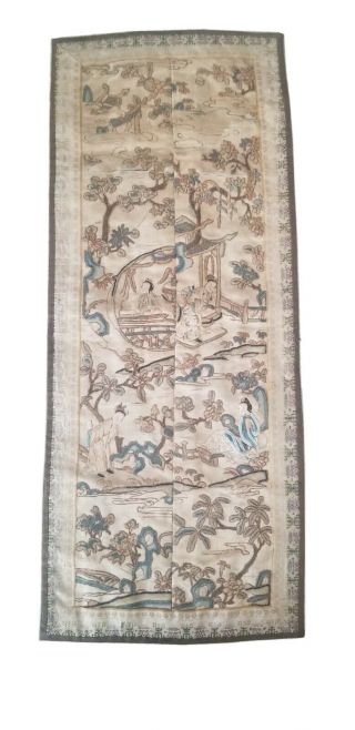 Vintage To Antique Chinese Or Japanese Silk Embroidery Hand Stitched Panel Blue