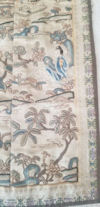 Vintage to Antique Chinese or Japanese Silk Embroidery Hand Stitched Panel Blue 3