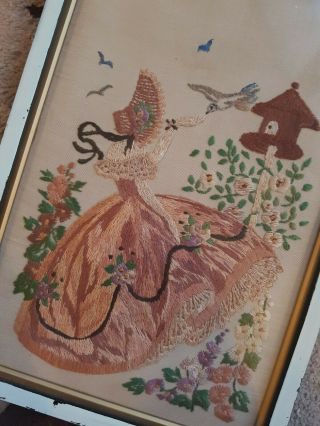 Vintage Hand Embroidered Picture With Crinoline Lady