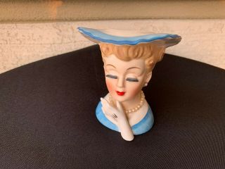 Vintage Pretty Blue Napco Head Vase W/label 5046 Pearl Necklace & Jewel Earrings
