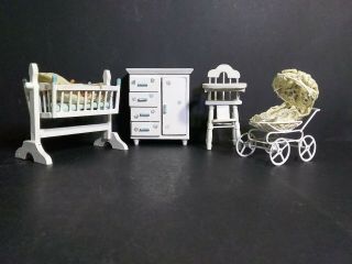 Vintage Dollhouse Furniture White Nursery Crib Stroller High Chair Drawers Baby