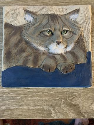 Vintage David L Davis Dld Studio Pottery Cat Face Tile Plaque Picture Hand Made