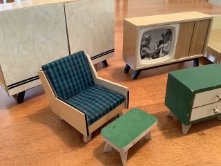 Vintage German Dollhouse Miniature Wood Furniture Living Room TV High Chair Bed 2